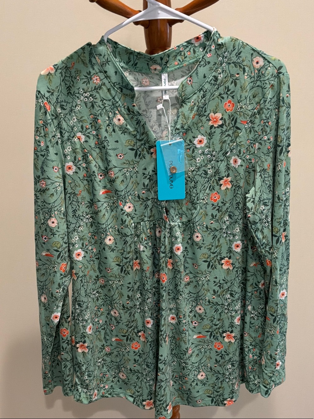 Popyoung Green Floral Long Sleeve V-Neck Blouse tunic style long hem soft franti
